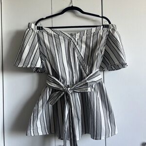 Lane Bryant Size 18 Blouse Gray White Striped Off the Shoulder Tie at Waist